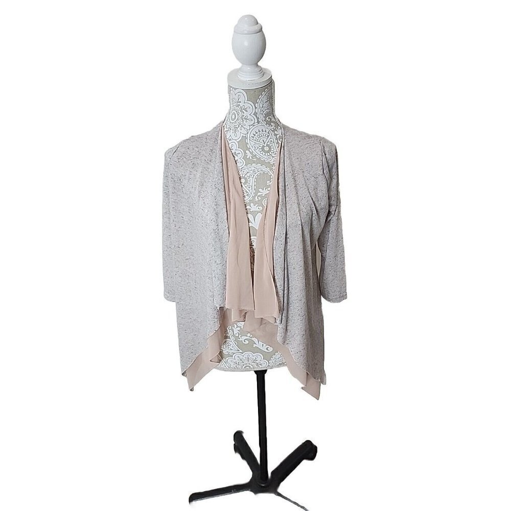 Brixon Ivy Light Gray Open Front Cardigan with Blush Trim